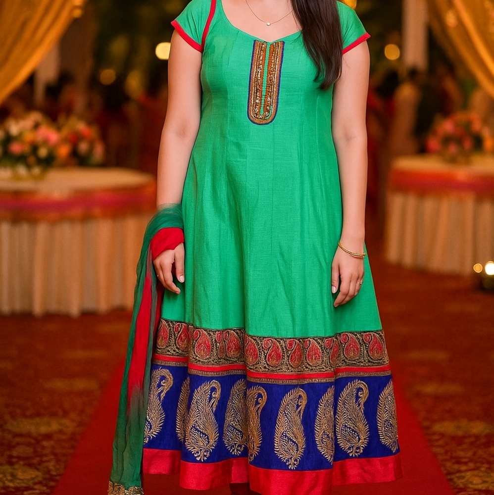 Teal Red & Blue 3 Piece Southasian Pakistani Suit Set Kameez Shalwar Dupatta